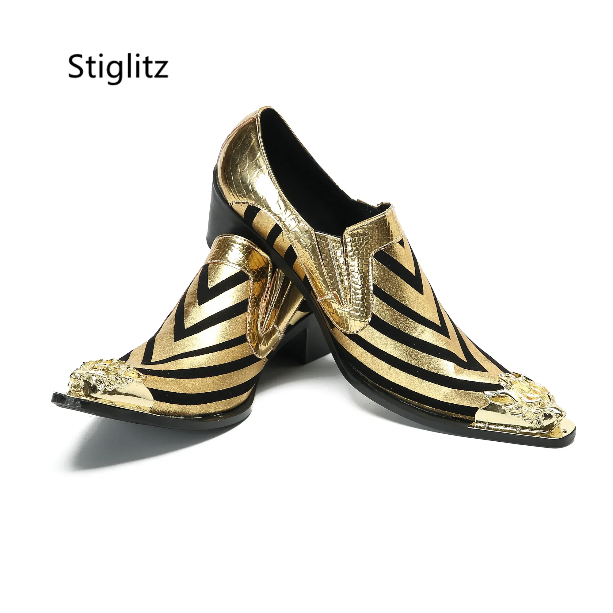 Metal Pointed Toe Gold Wedding Shoes Genuine Leather Men's Shoes Casual Business Shoes Luxury Slip On Catwalk Office Shoes