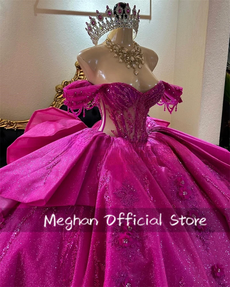 Fuchsia 3D Flower Quinceanera Dresses Bead Appliques Bow 2025 Birthday Luxury  Dress Off The Shoulder Princess Gown Customized