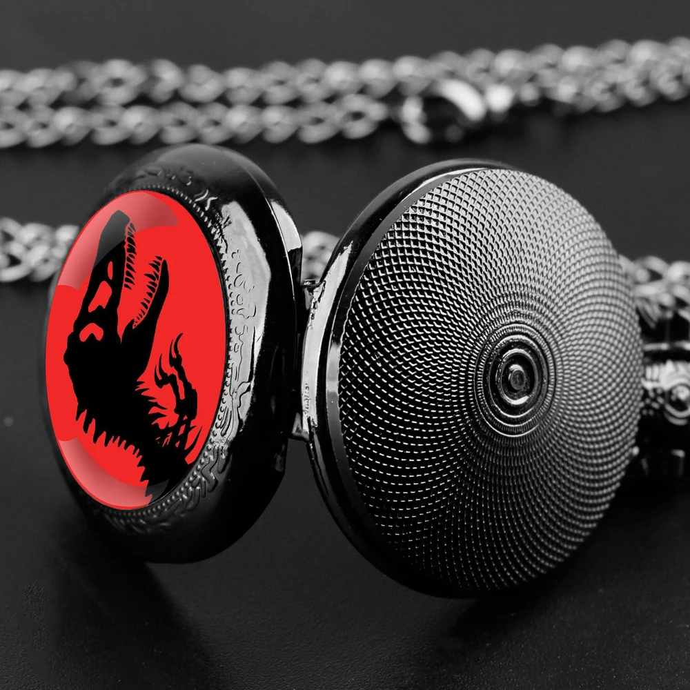 Orologio da tasca al quarzo nero con cupola in vetro di dinosauro con quadrante con numeri arabi e catena resistente, regalo retrò per uomini e donne