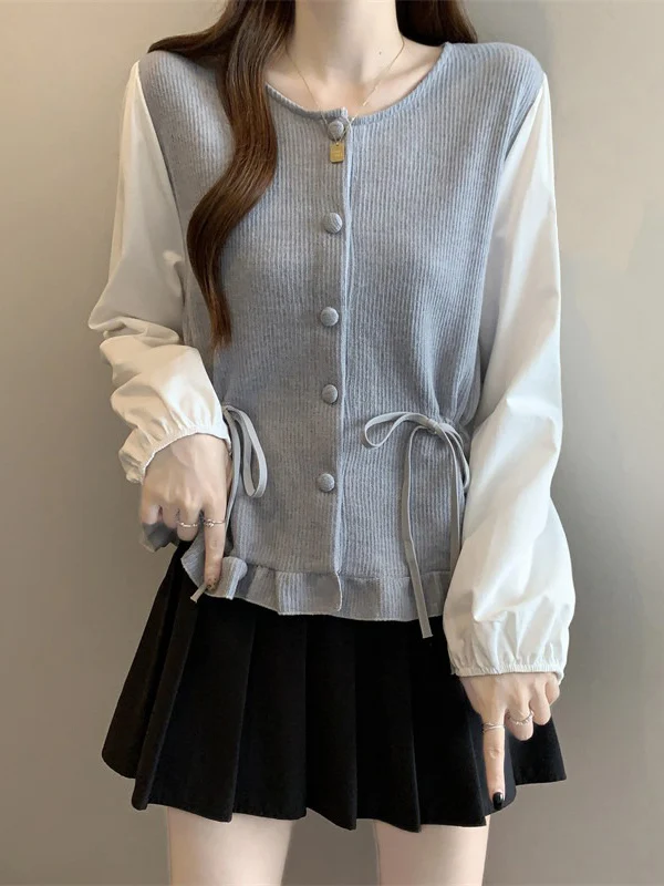

Light Blue Knot Ruffle Hem Shirt Women's Shoulder Length Spring New Style plus Size Comfortable Korean Style Blouse