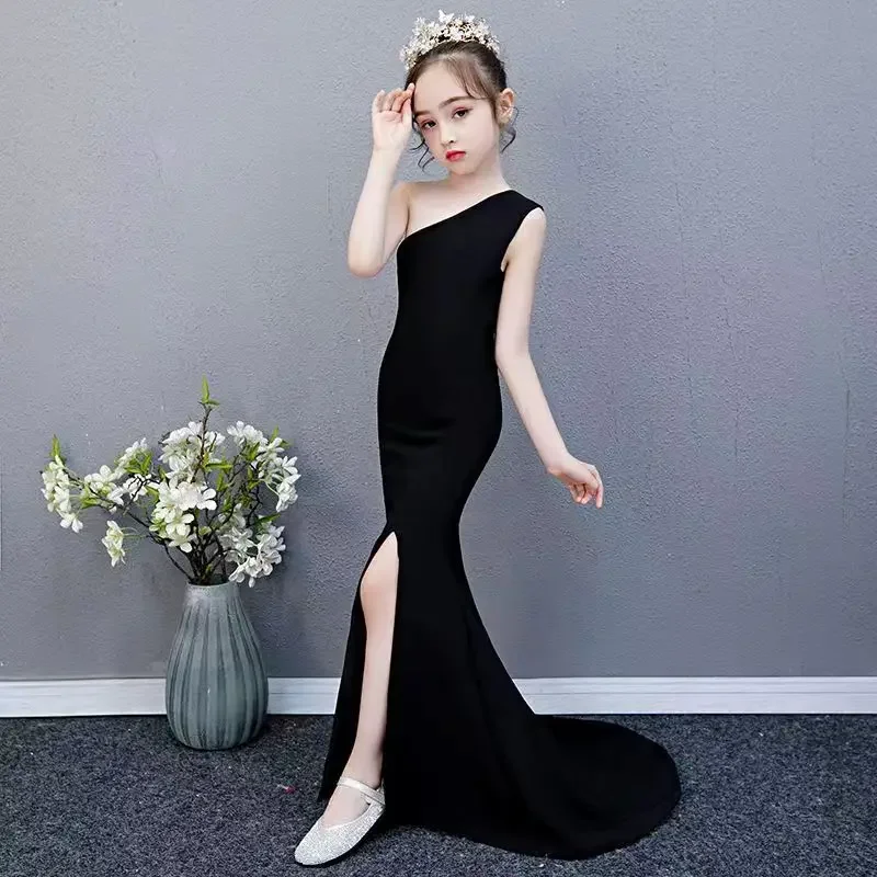 

Flower Girl Dresses For Weddings Kids Black One Shoulder Sexy Side Slit Girls Party Dress 3 To 15 Years Communion Dress Girl