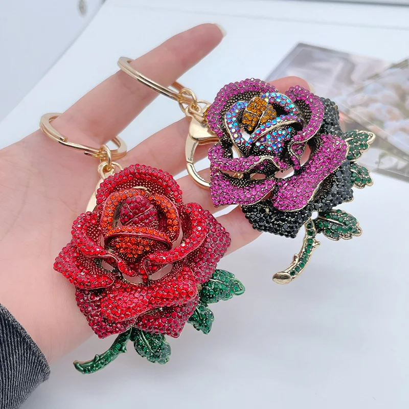 Creative alloy cute rhinestone rose car key ring women\'s bag accessories flower metal pendant small gift