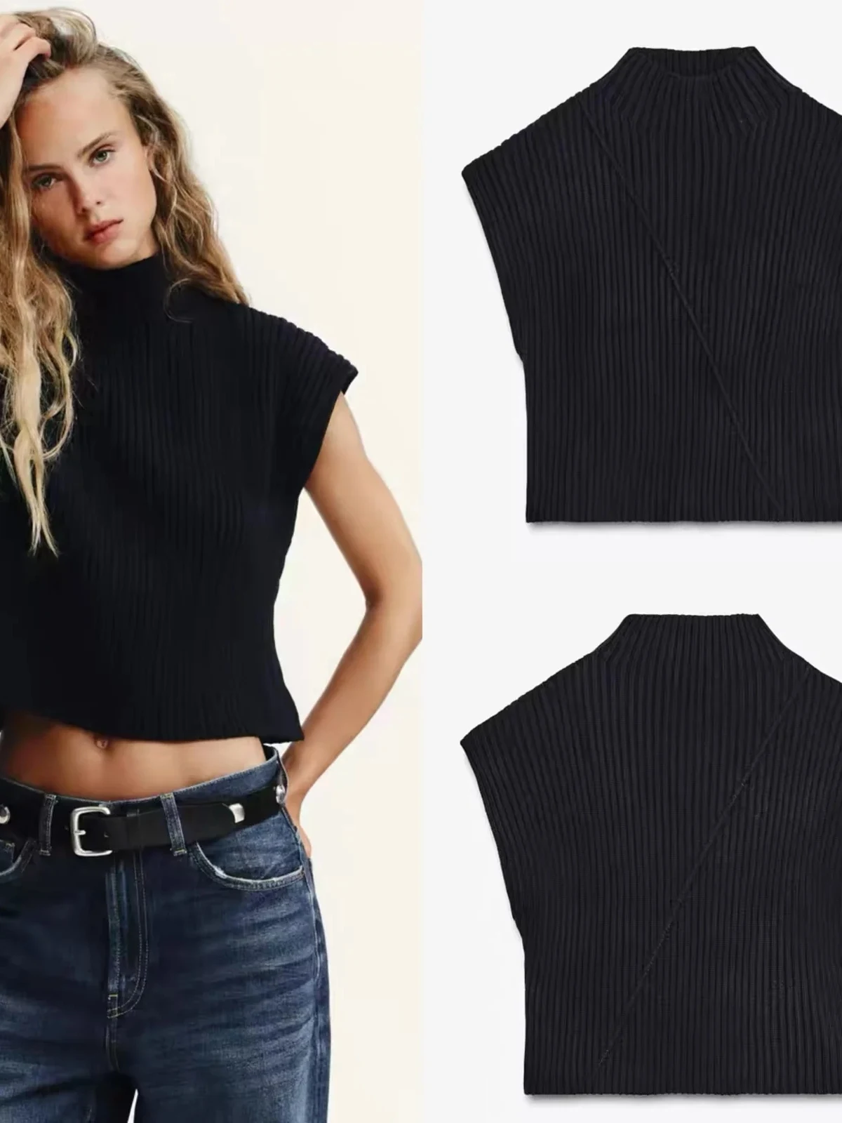 Nouveau automne femmes décontracté Faionable tout-Match col montant Ultra-cour Sve côtelé gilet tricoté pull doux coupe ample