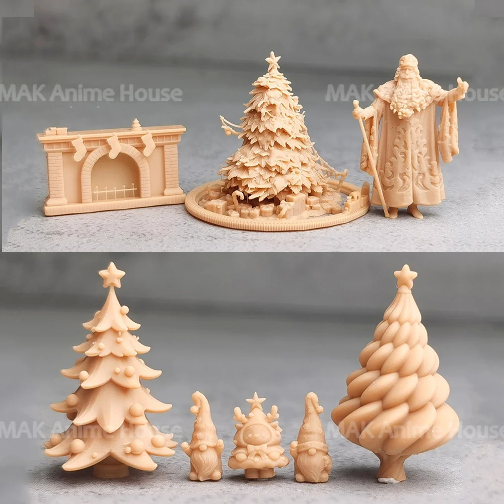 Miniatures Figures 1/64 1/43 Christmas Gift Tree Old Man Deer Elf Fireplace Unpainted Diorama Model Creative Garage Scene Dolls