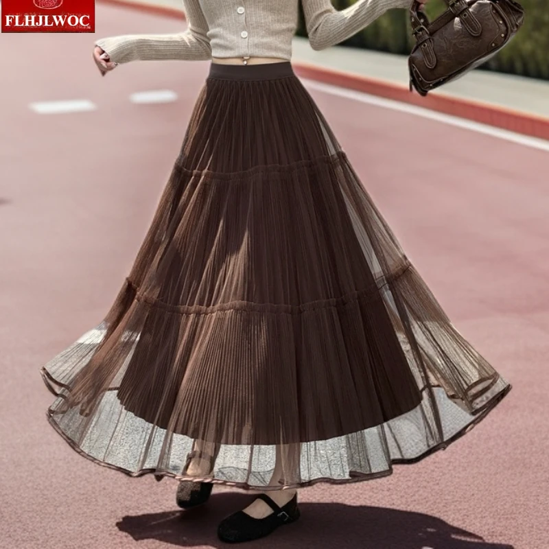 Woolen Mesh Skirts New Year 2025 Autumn Winter Basics Woman Cute Sweet Girls Japan Preppy Style Retro Vintage Long Pleated Skirt