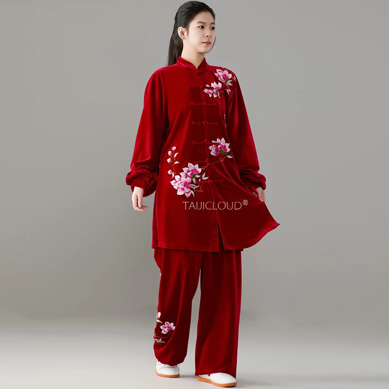 2024 Women's Velvet Tai Chi Uniform - Winter Red Embroidered Mid-Length Kung Fu Suit with Thermal Lining - Image 3