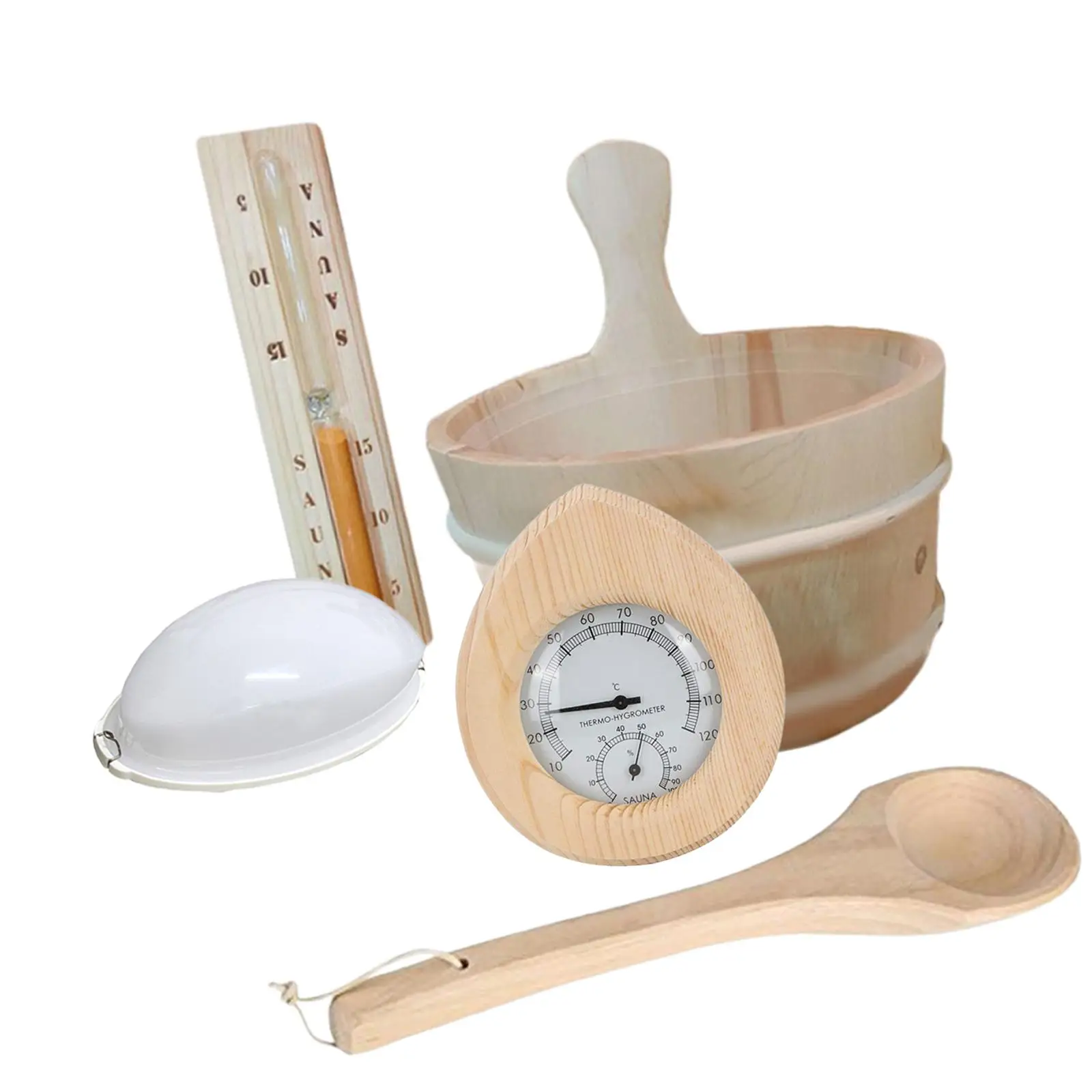 Sauna Accessories Set Sauna Wooden Bucket and Ladle Kit Temperature and Humidity Meter for Houses Hotels Sauna Room Bathing SPA