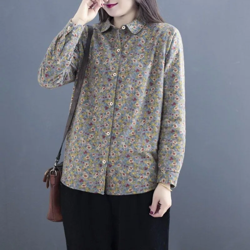 Women Vintage Autumn Winter Floral Print Fleece Lined Long Sleeve Shirt Warm Casual Blouse Top