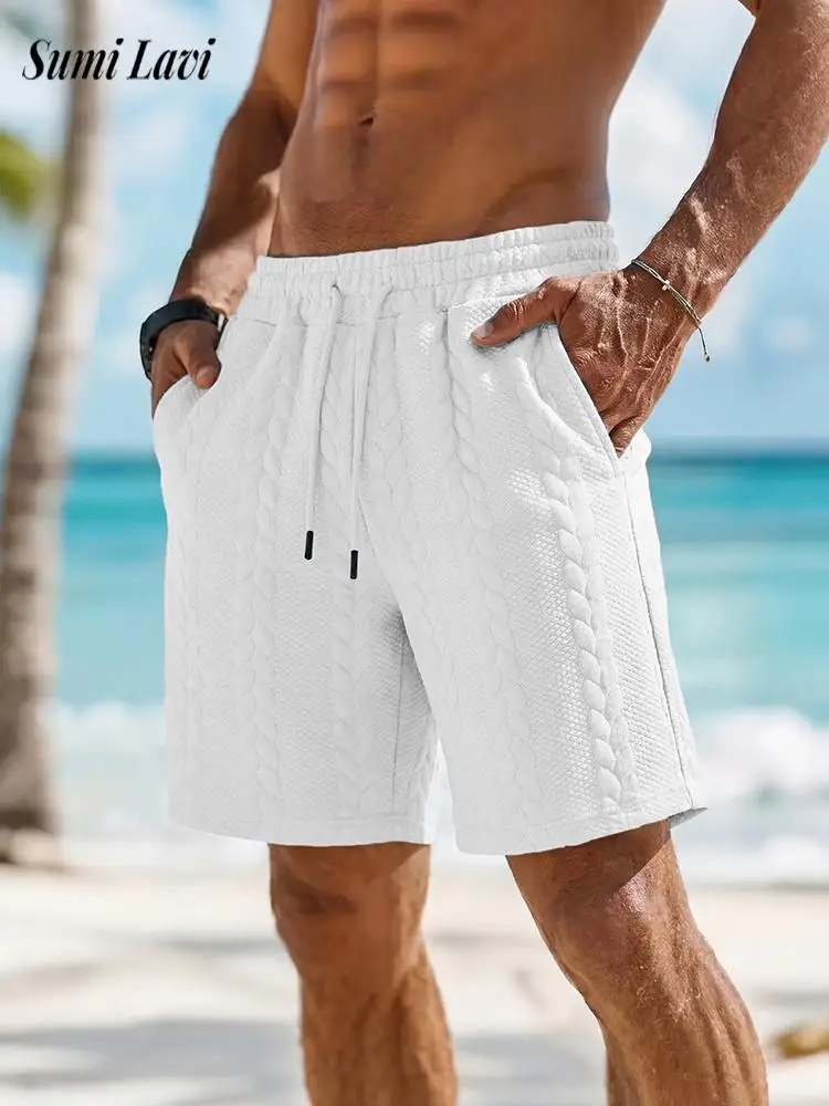 

Стильные мужские свободные шорты на шнурке, лето 2026, для активного отдыха, однотонные, с текстурным жаккардовым узором, повседневные мужские шорты для отдыха