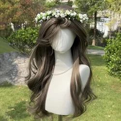 Korean Sister Long haired women's daily atmosphere, mint brown eight character bangs, long curly hair wig