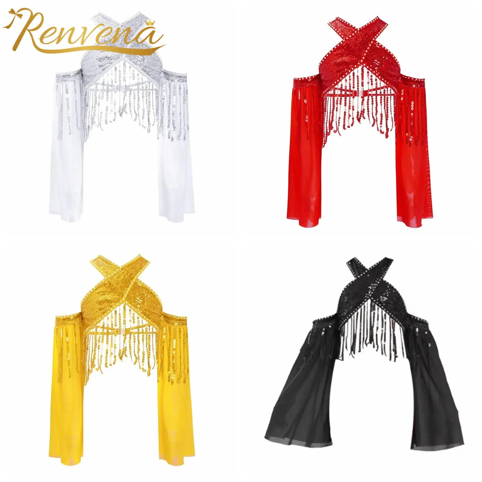 Kids Girls Sequin Tassels Crop Top Sheer Mesh Sparkling Oriental Belly Dance Costume Chacha Latin Jazz Stage Performance Tops