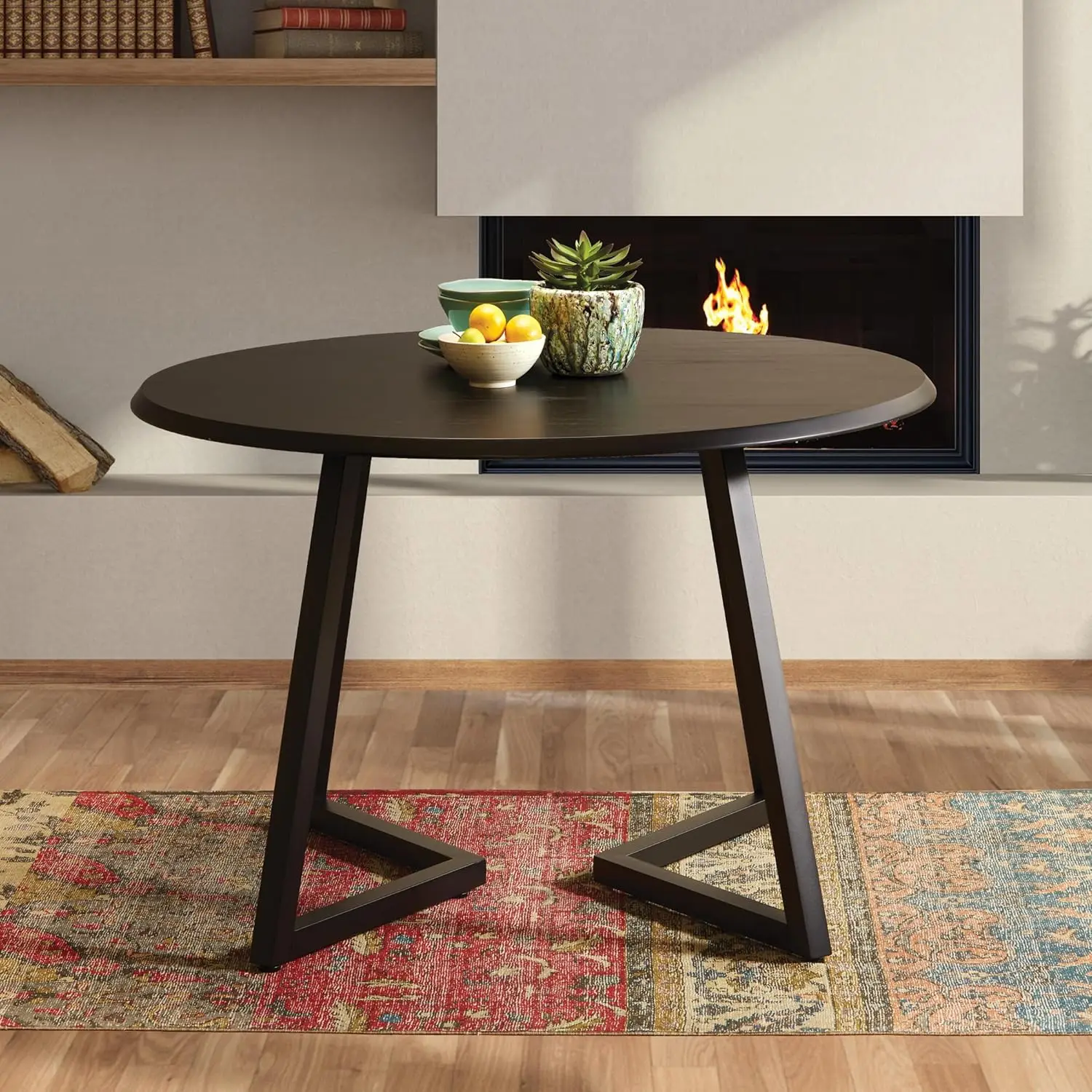 Metro Mid-Century Modern Round Dining Table with Black Metal Base, 45-inches, Black Veneer Top