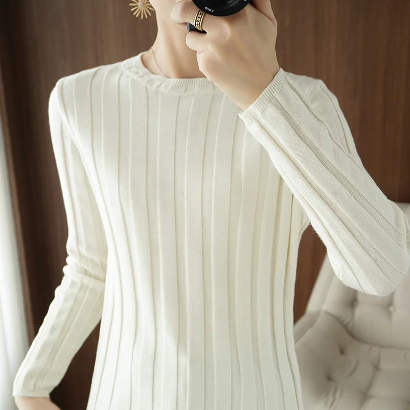 

Spring/Autumn 100% Cotton Women's Sweater Casual Solid Knitted Blouse Slim fit Round Neck Jumper Pull Wide Vertical Stripe Tops