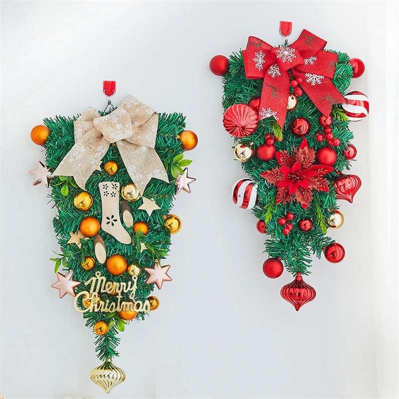 Christmas Wreath Wall Hanging Inverted Tree Ornaments PVC Scene Layout Green Red Gold Bow Wreath Colored Ball Pine Cone Pendant