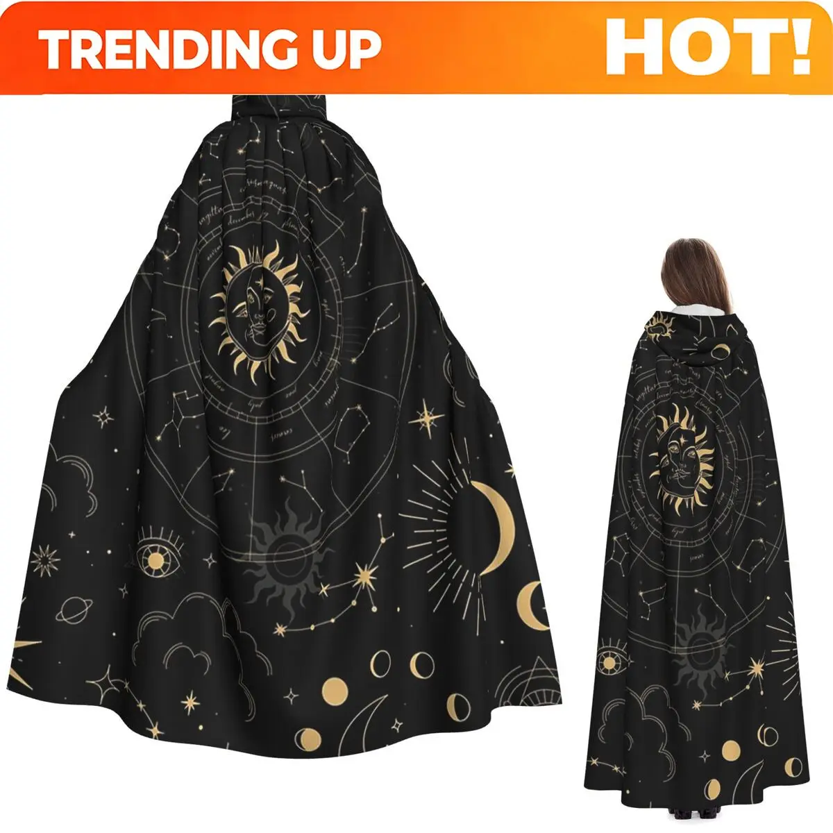 Customization Night Sky Golden Celestial Stars Zodiac Constellations Long Hooded Cloak Witch Medieval Costume Cosplay Cape Hallo