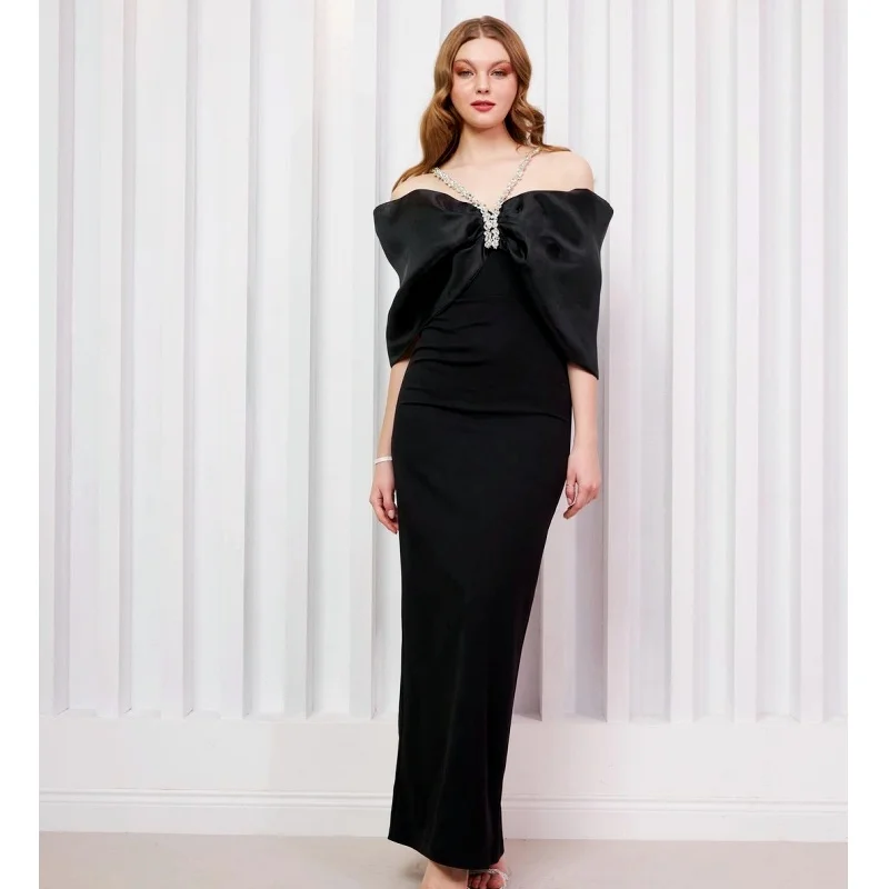 Dazzling Diamonds Off The Shoulder Ankle Lenght Black Bandage Dress Graceful Woman Birthday Party dress Celebrity Party Outfit