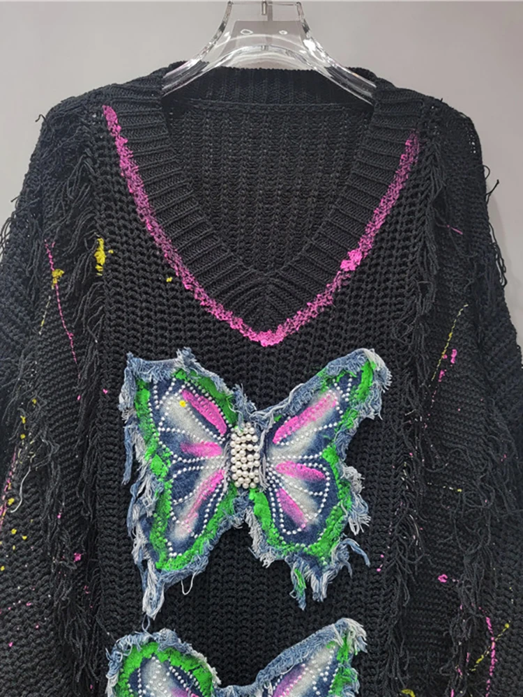 DEAT Women Pullover Butterfly Patches Design Graffiti Loose O-neck Black Knitted Tassel Sweaters Autumn 2024 New Fashion 29L8308