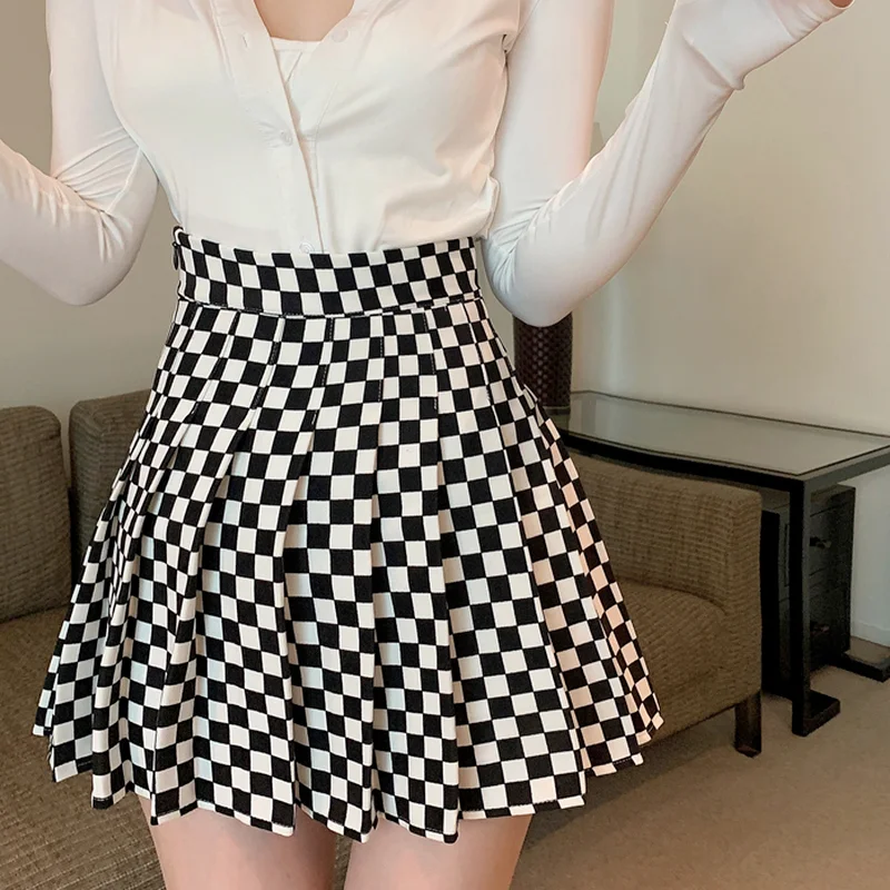 KUSAHIKI Black White Plaid Pleated Skirt Women Korea High Waist Causal A-line Autumn Fashion Faldas Mujer Moda 2023 6V299