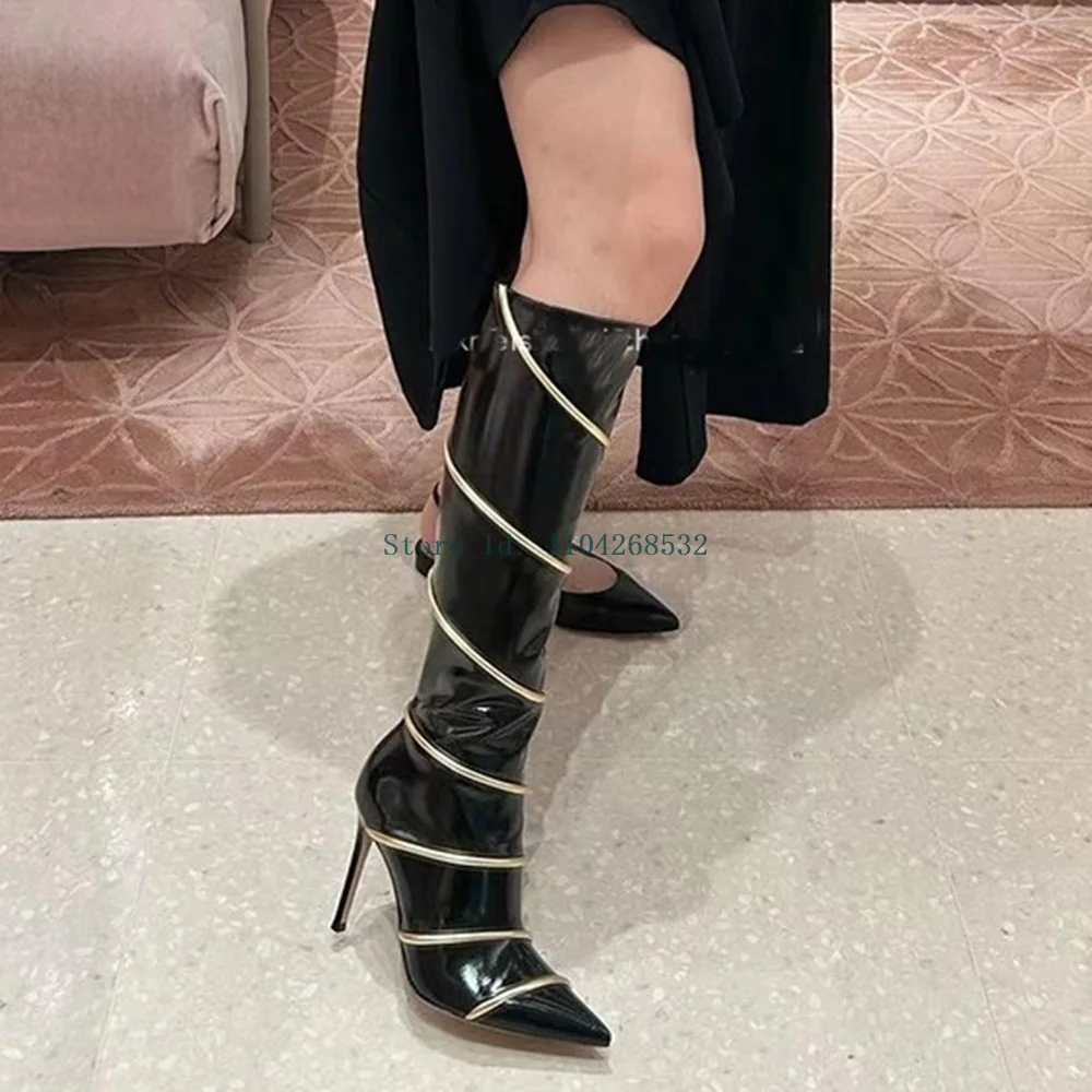 Metal Decoration Patent Leather Boots Zippet Sexy Pointed Toe Stiletto Knee High Fashion Lady Womern Boots Winter/spring/Autumn