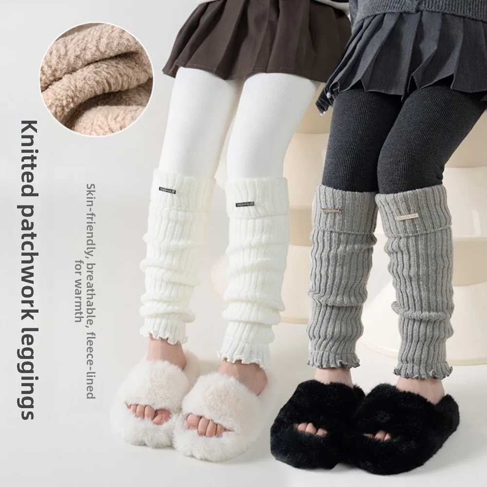 Autumn Winter Girls' Knitted Leggings Fashion Patchwork Thick Warm Pile Socks Pantyhose Mid-Calf Stackable Tights For Toddler