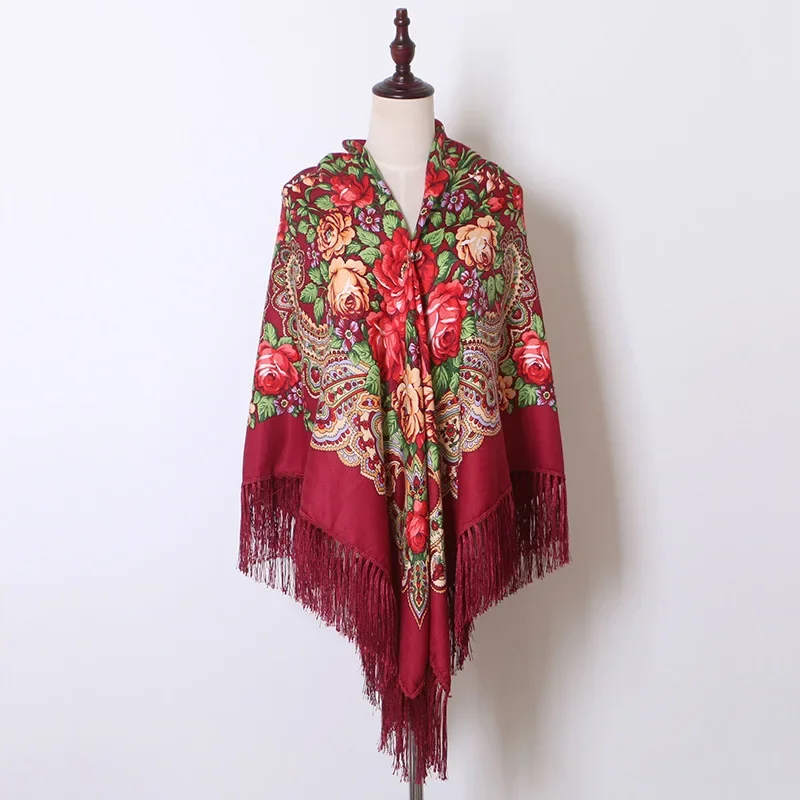 160*160cm Women Russian National Scarf Lady Tassel Floral Print Headscarf Wraps Babushka Bandana Beach Travel Shade Shawls