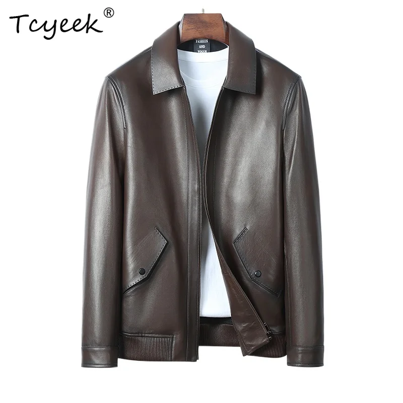 

Tcyeek Real Sheepskin Spring Autumn High End Trendy Lapel Brown Short Men's Genuine Leather Jacket Jaqueta De Couro Masculina