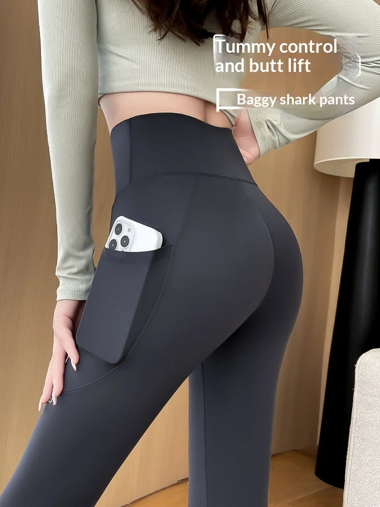 Women Pocket Shark Skin Leggings High Waist Tummy Control Butt Lift Tight Yoga Pants Outdoor Spring Summer Cycling Base Layer