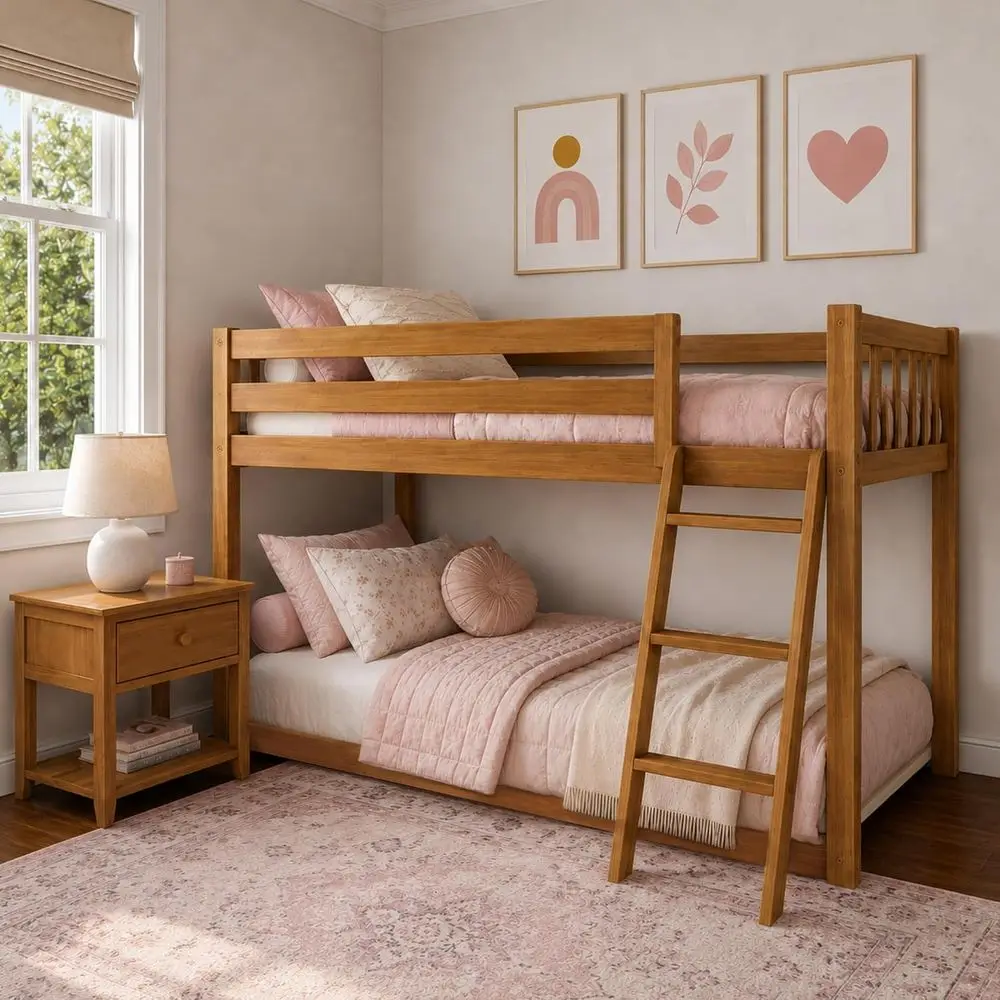 Undamental Twin Low Bunk Bed, Kids Solid Wood Bed with Strong Wooden Slats, Non-Toxic Finishes, High Weight Capacity, Pecan