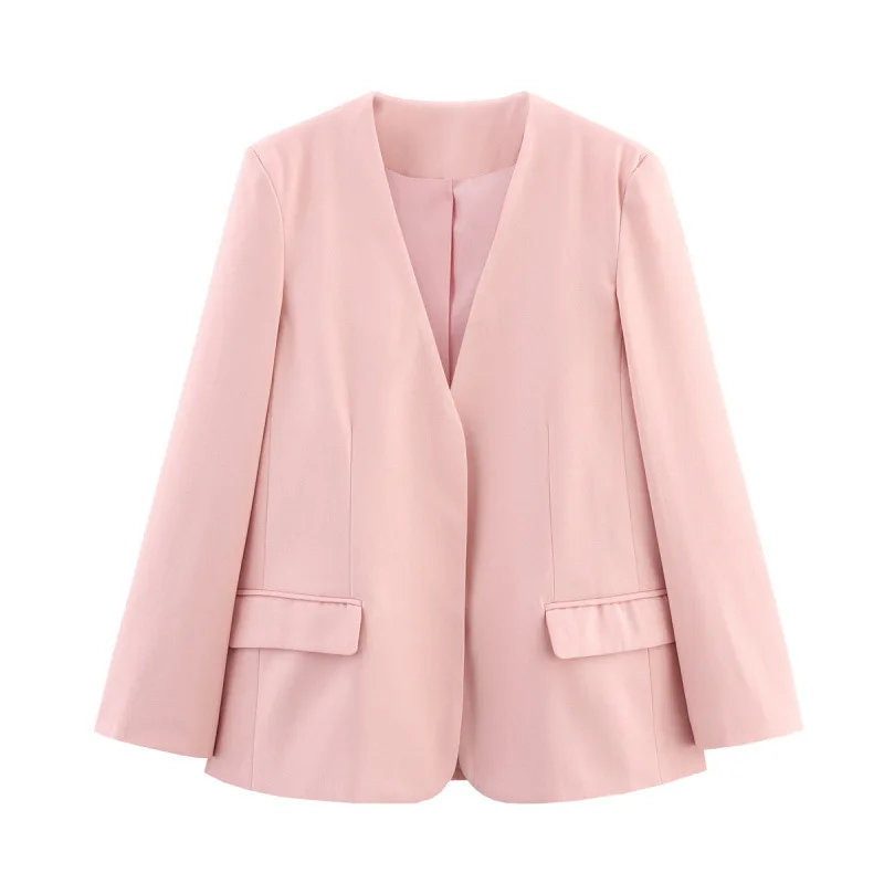 Blazer Casual V-ausschnitt Langarm Gerade Jacke Herbst Frauen Mode Rosa Lose Fit Mit Tasche Eine Taste Anzug Mantel