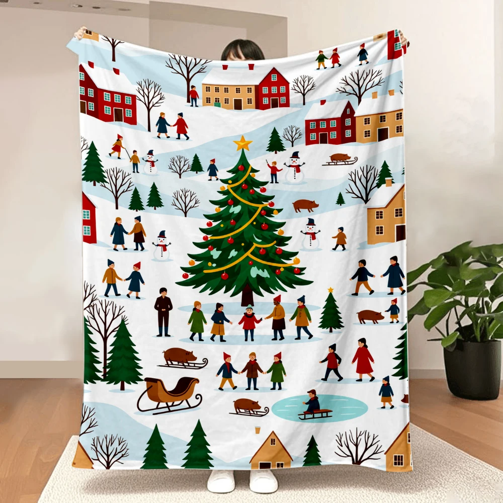 1PC Christmas Village and Figure Print Blanket-Made of soft, fluffy flannel, perfect for a sofa, bed or lounge chair. Ideal for