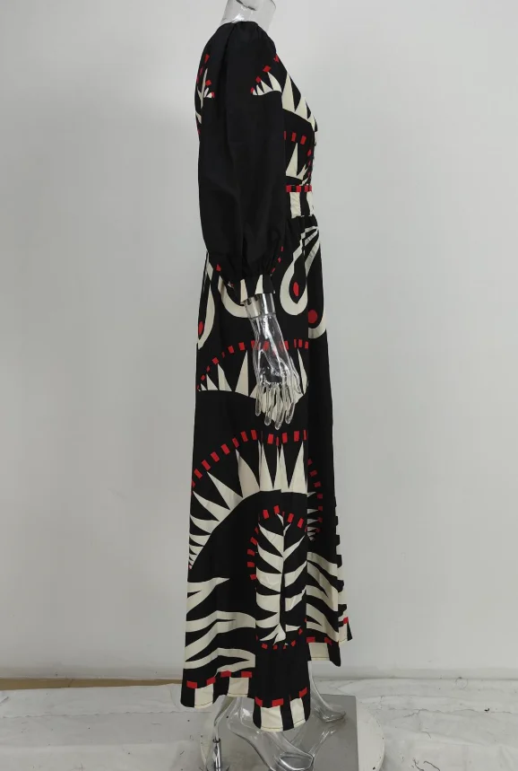

Women's Dress 2025 Fashion Spring Summer New Long Skirt with Retro Printed Long Sleeves and Fashionable V-Neck Lantern Sleeves