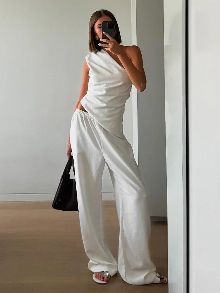 

DSMTRC Women's Sleeveless Slanted Shoulders Back Hollow Vest Lace Up Casual Trousers Fashion White Pant Sets Two Pieces Set Lady