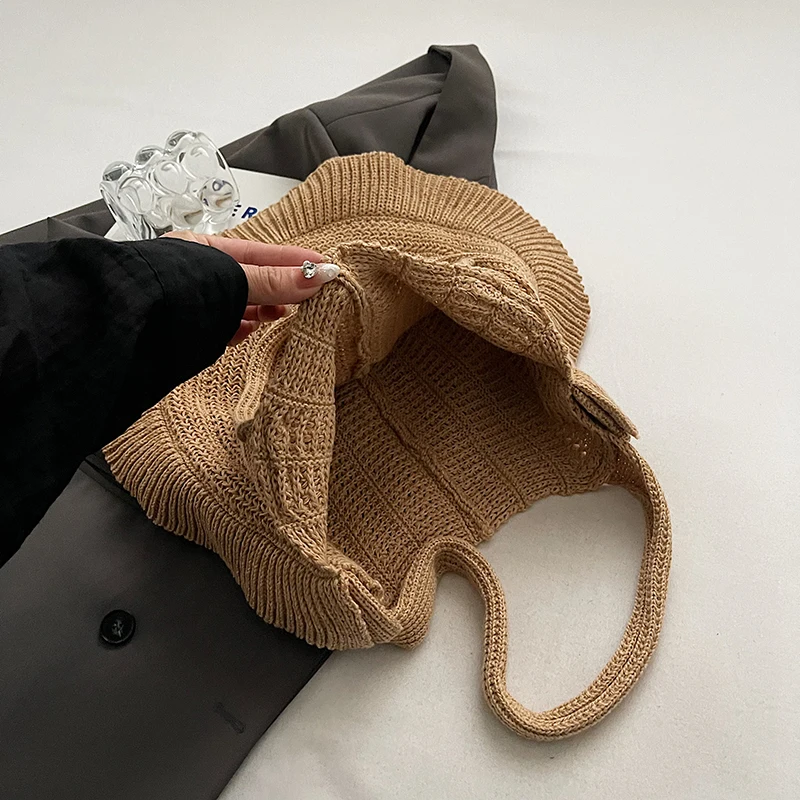 Trendy Cotton Fabric Knitting Shoulder Bag Female Large Capacity Top Handle Tote Bag 2024 Winter Warm Handbag Khaki Handmade Bag