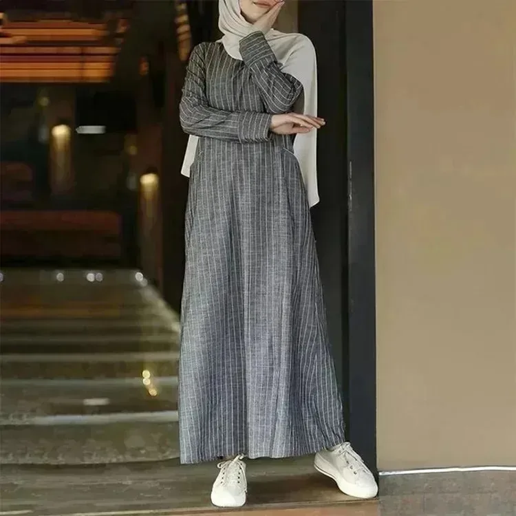 มุสลิม Abayas สําหรับผู้หญิง Retro ผู้หญิงผ้าฝ้ายและ Hemp Pullover รอบคอ A-Line กระโปรงชุดลําลองลาย Abayas