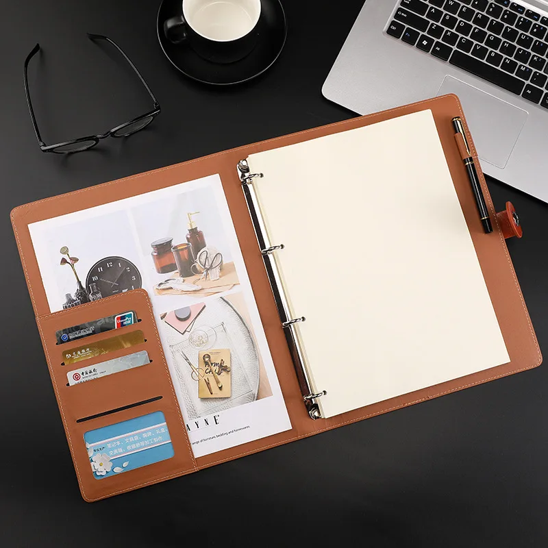 A4 PU Leather Binder Notebook with Magnetic Buckle and Metal Ring, 100 Sheets 200 Pages Blank Inner Paper, Business Meeting