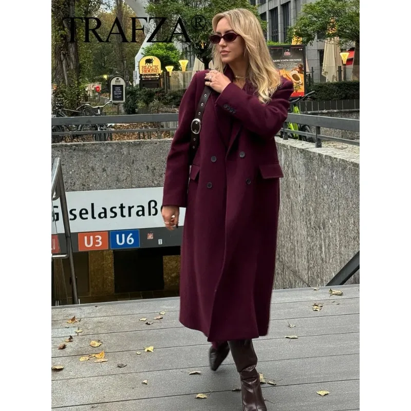 Women Fashion Burgundy Woolen Coat Double Breasted Long Sleeve Lapel Blends Jacket Autumn Winter High Street Outerwear