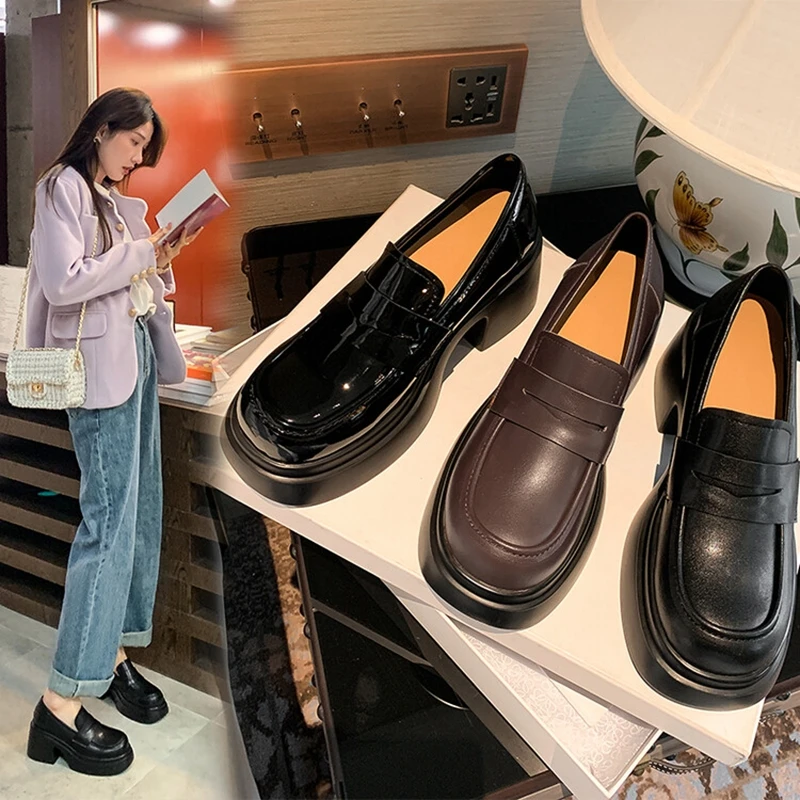 

Women's new leather cowhide thick soled waterproof platform high heels belt buckle college style single shoes casual shoes