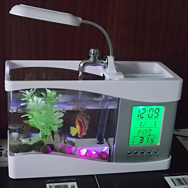 

Multifunctional USB Desktop Aquarium Fish Tank LCD Display LED Light Lamp Pen Holder Calendar Alarm Clock White