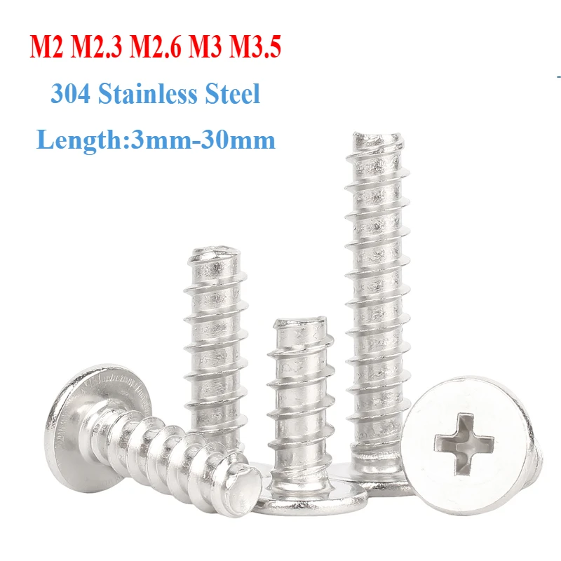 M2 M2.3 M2.6 M3 M3.5 304 Stainless Steel Cross Flat Head Self Tapping Screw CB Ultra-thin Head Flat Tail Wood Screw 3mm-30mm