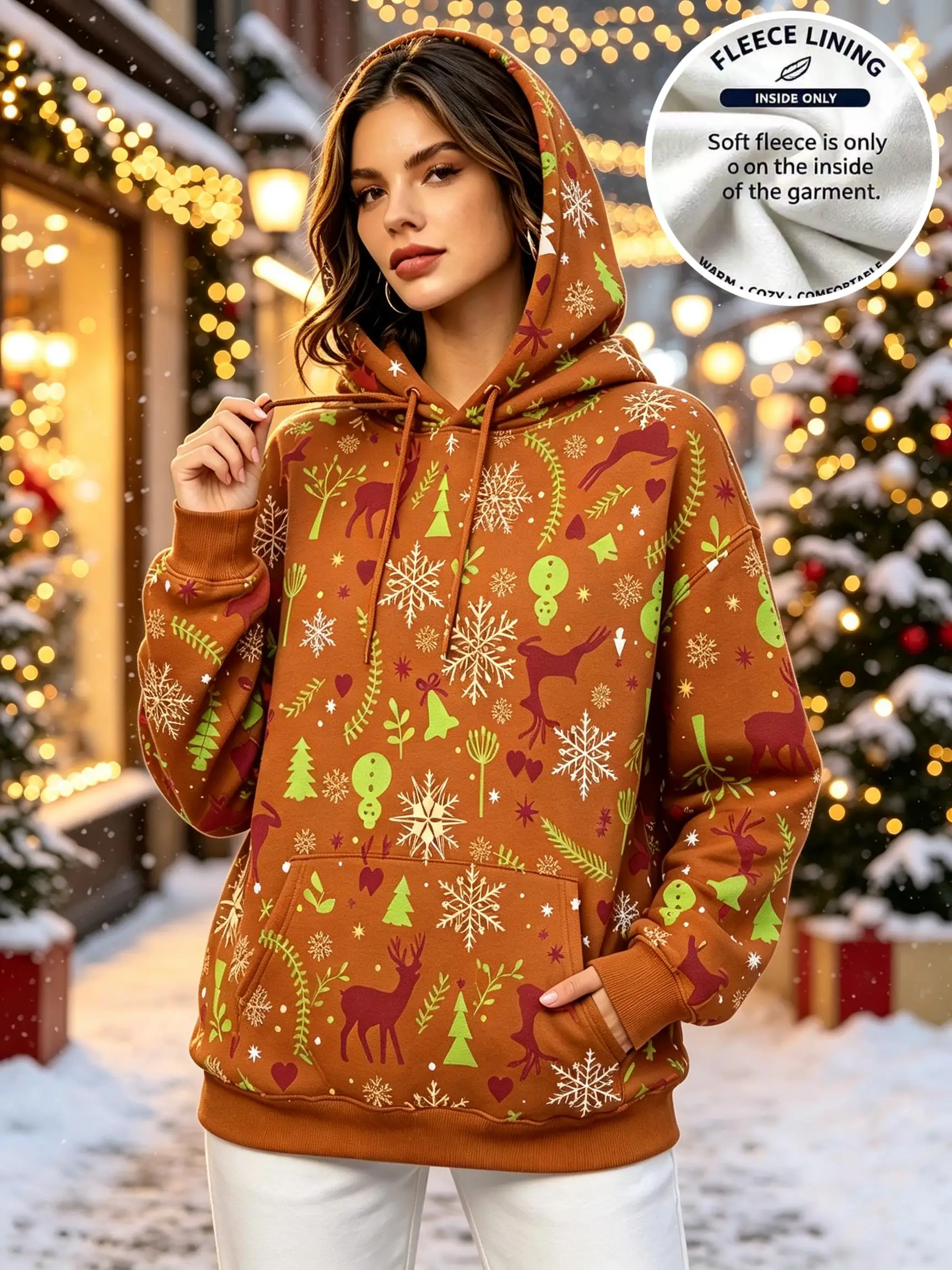 Women Christmas Allover Reindeer Snowflake Xmas Tree Bell Fleece Hoodie Orange Pocket Sweatshirt