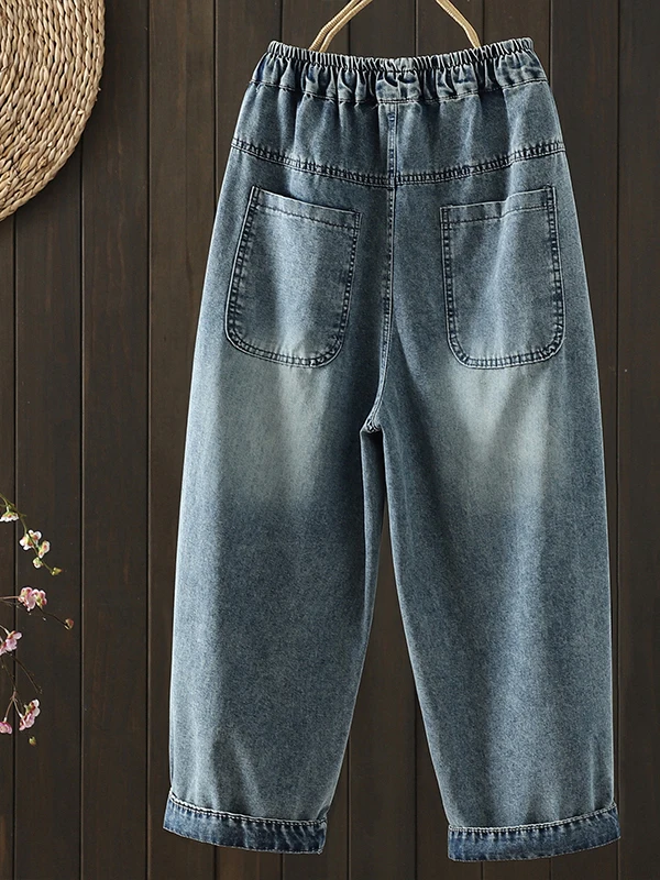 Casual Cartoon Dog Embroidery Jeans Women's Nine Points Loose Fit Cotton Denim Pants Harlan Style Casual Wear All Seasons