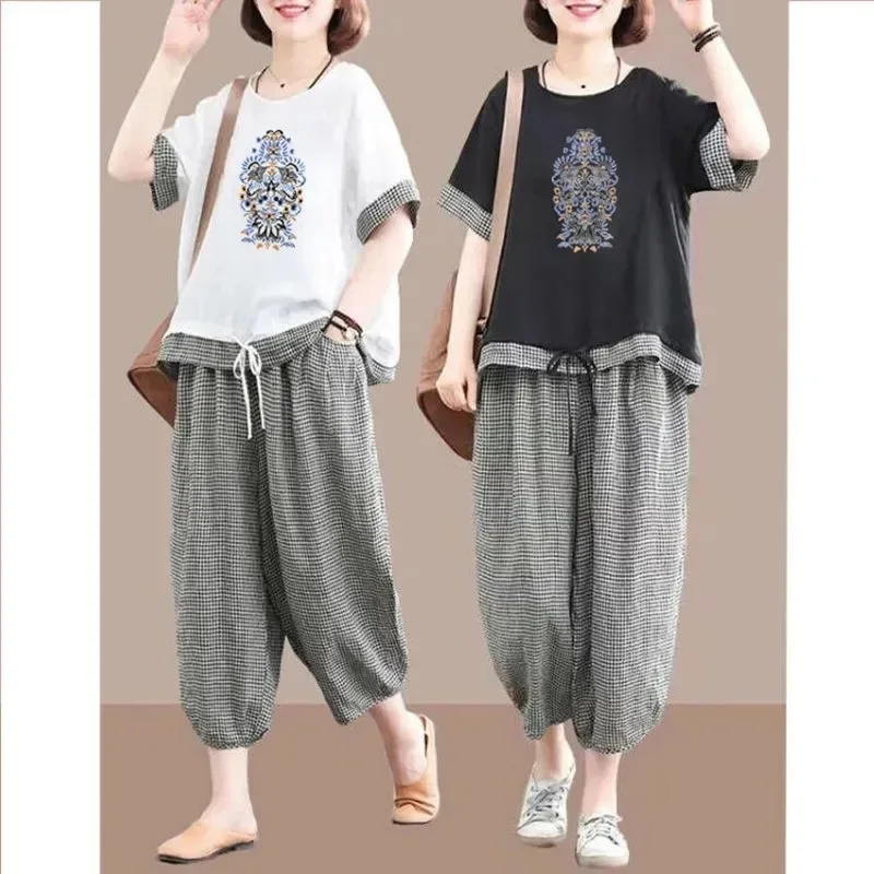 

Folk Style Women's Casual Suit 2025 Summer New Female Plus-size Loose Fashion Plaid Bandage Outfit Splicing Two-piece Piece Set