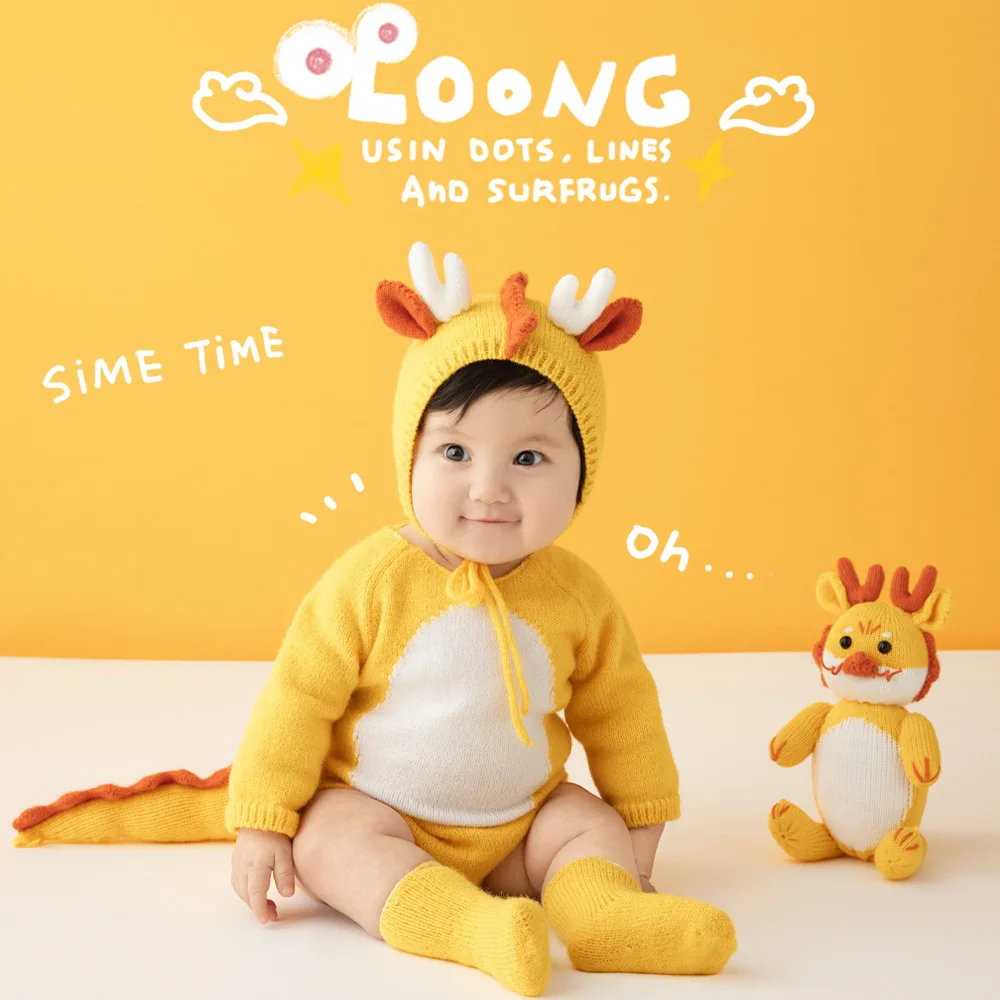 100 Days Newborn Photography Outfits Cute Knitted Dragon Clothes Jumpsuit Hat Loong Doll Props Studio Creative Photo Shoot Props