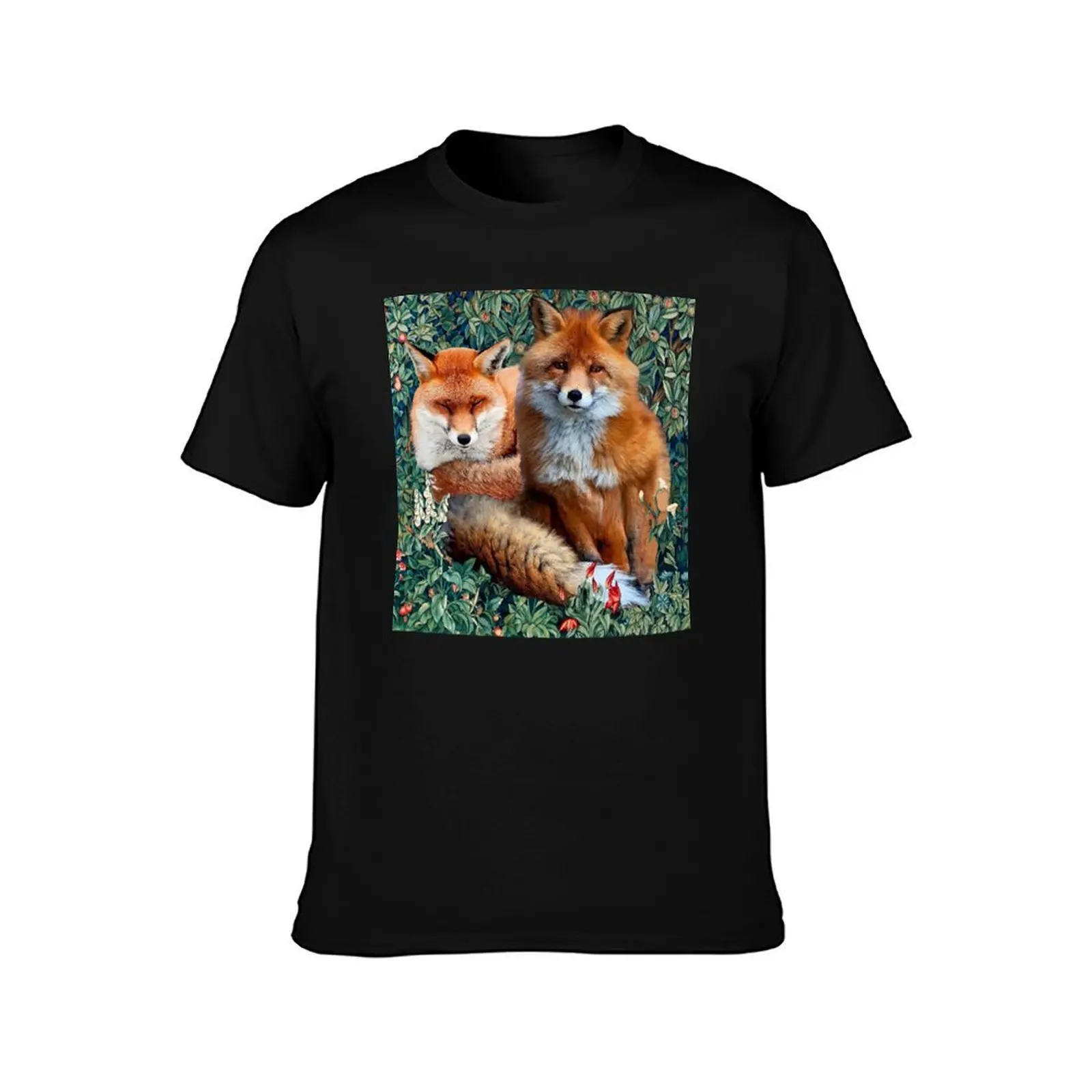 RED FOXES AMONG GREENERY, FOLIAGE AND FLOWERS T-Shirt, Summer Casual Cotton Tee, Oversized Streetwear Tops, Unisex Men Women