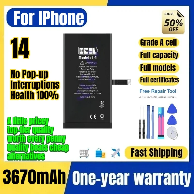 A2882/A2649/A2881/A2884 for IPhone 14 Battery No Pop-up Interruptions Health 100% Replacement Bateria Grade A Cell with Tools