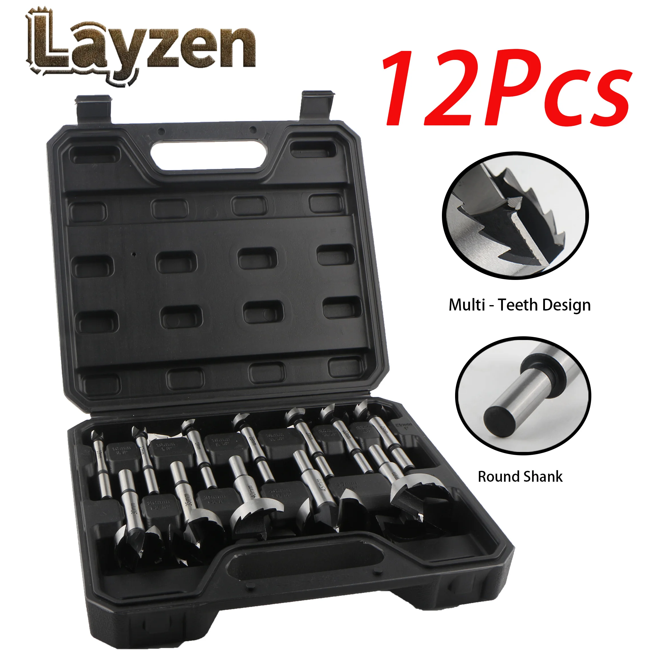 12Pcs/Set Round Shank Carbide &High Carbon Steel Multi Tooth Forstner Drill Bits Woodworking Self Centering Hole Saw Cutter Tool