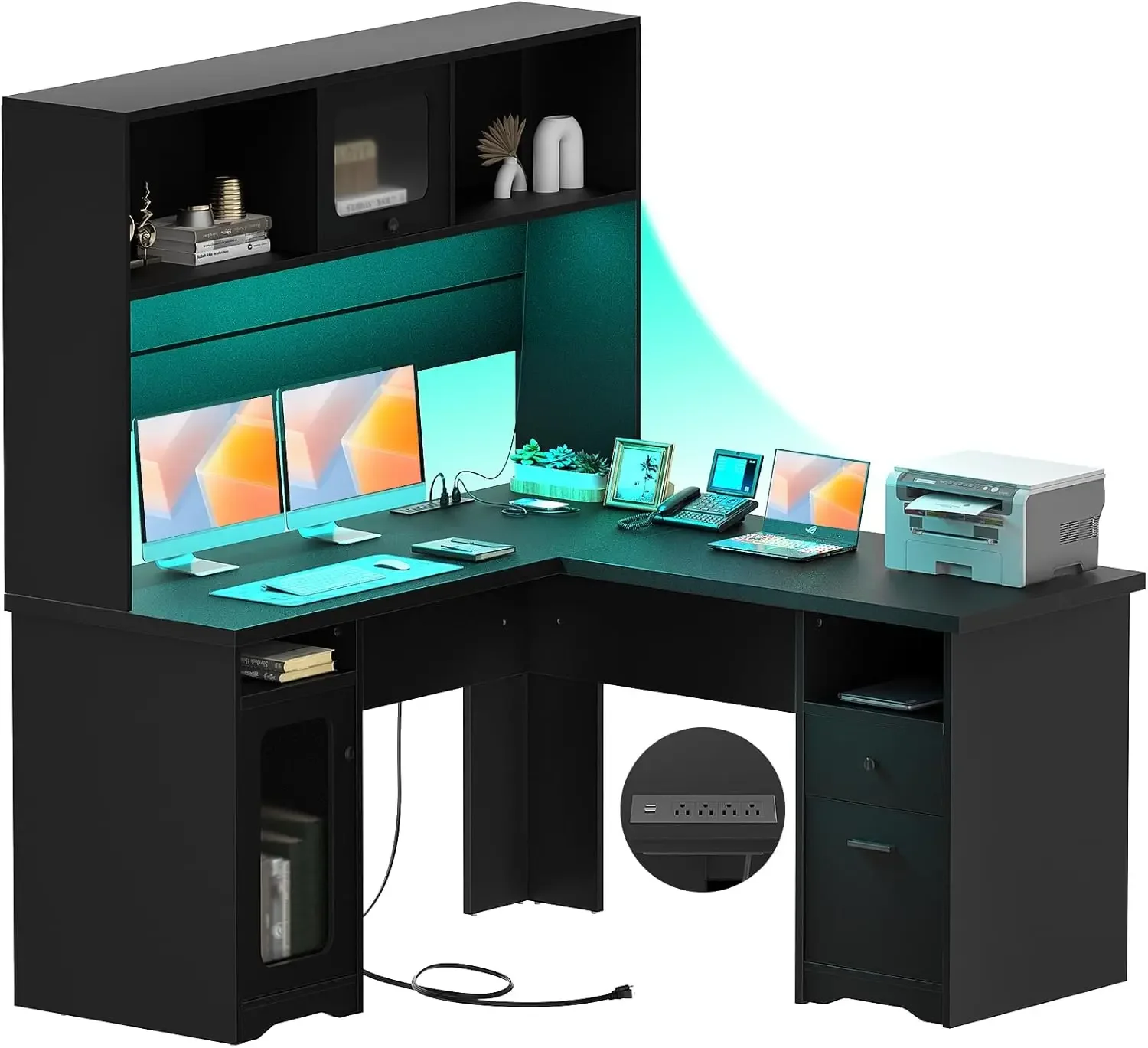 Unikito L Shaped Office Desk with Hutch, 60 Inch Computer Desk with Power Outlet and LED Lights, Large Modern Corner Desk Person