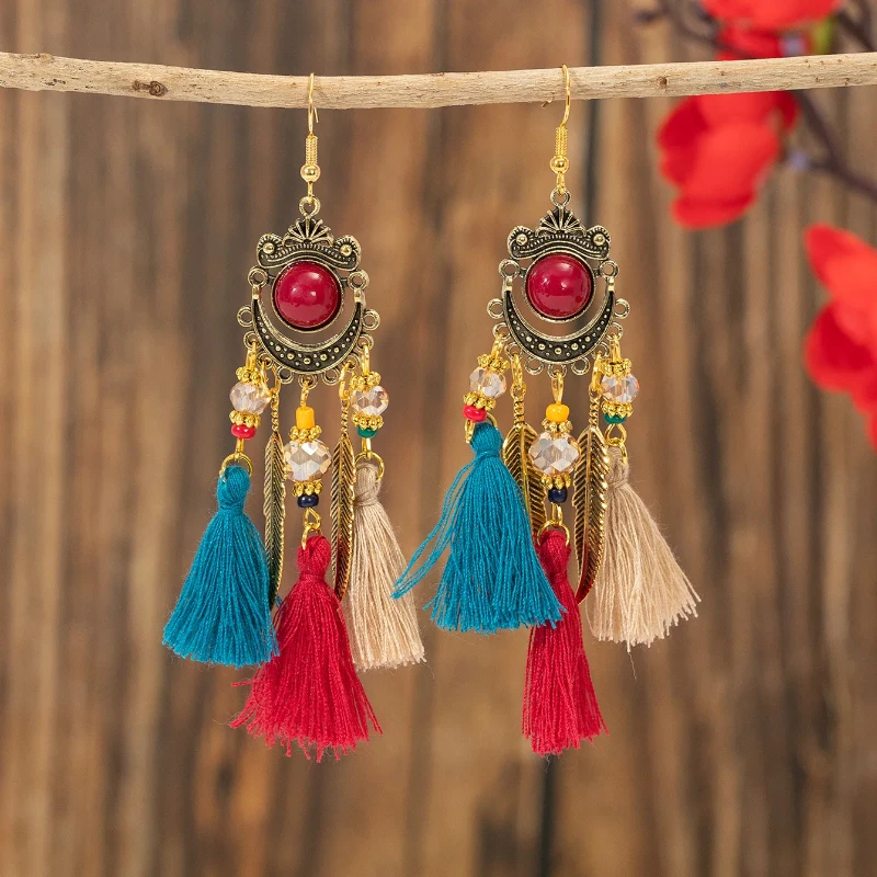 أقراط طويلة مهدب على الطراز العرقي القبلي البوهيمي أقراط عبر الحدود مجوهرات عطلة السفر بالجملة