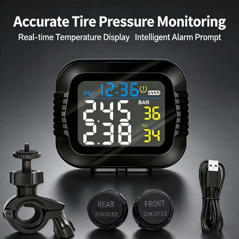 Sistema de Monitoreo de Presión de Neumáticos TPMS para Motocicleta, Alarma de Temperatura con 2 Sensores Externos, Sistemas de Alarma de Neumáticos para Moto en Tiempo Real