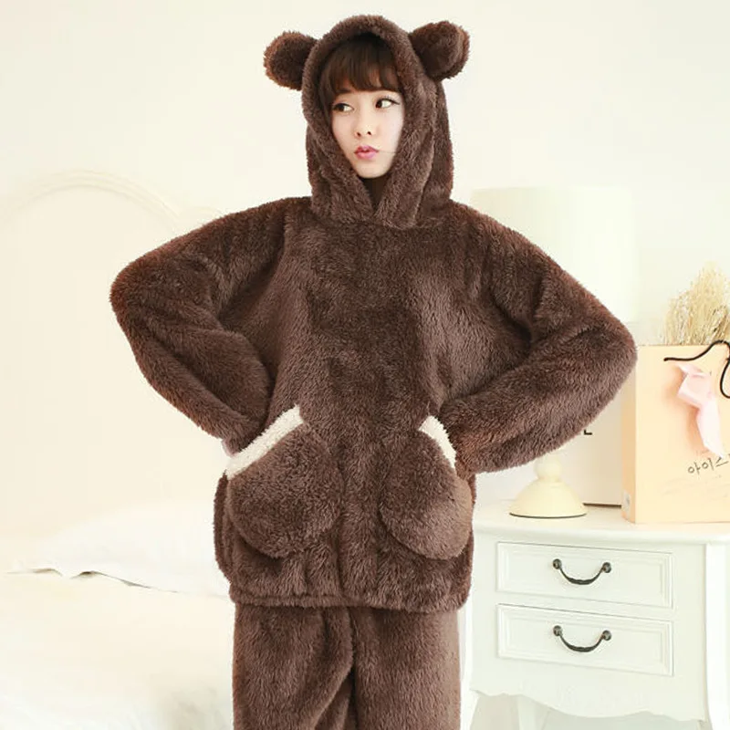 Thickened Warm Autumn Winter Women Cartoon Plush Hooded Bear Sleepwear Ladies Flannel Homewear Set Solid Nightwear Loungewear